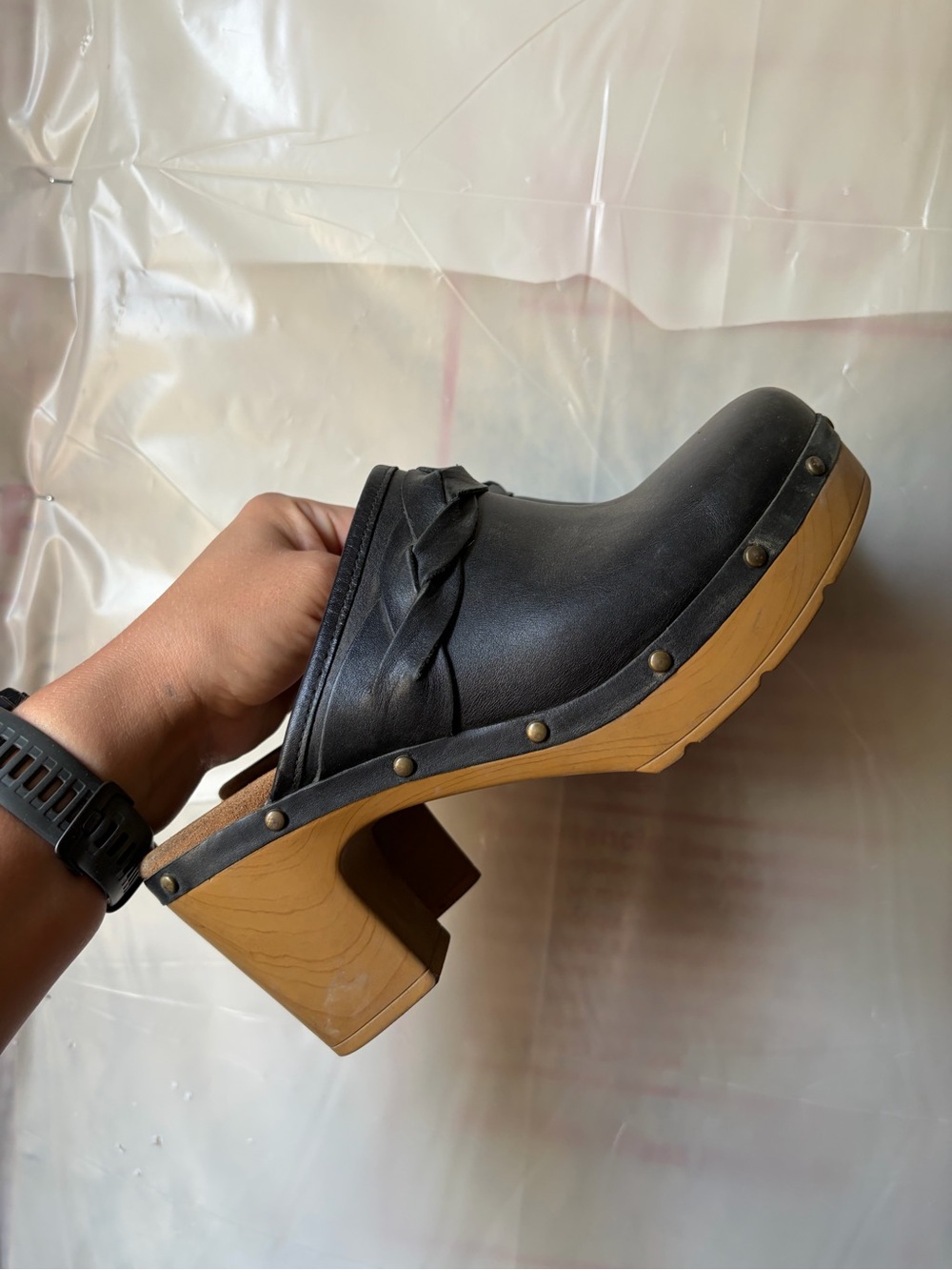 Black Leather Platform Clog with Wood Heel Clarks